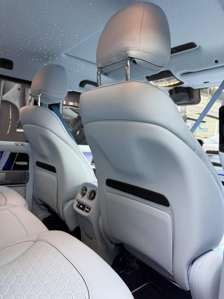 Plain rear headrests of 2025 Mercedes G63 before OEM monitor installation in Dubai