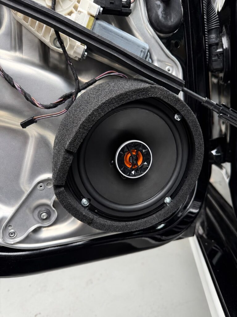 JBL Club 6520 rear door install with custom foam baffle in a Mercedes E-Class Dubai
