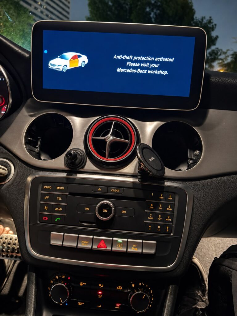 Mercedes Anti-Theft Protection Activated screen on a 2016 CLA250 in Dubai