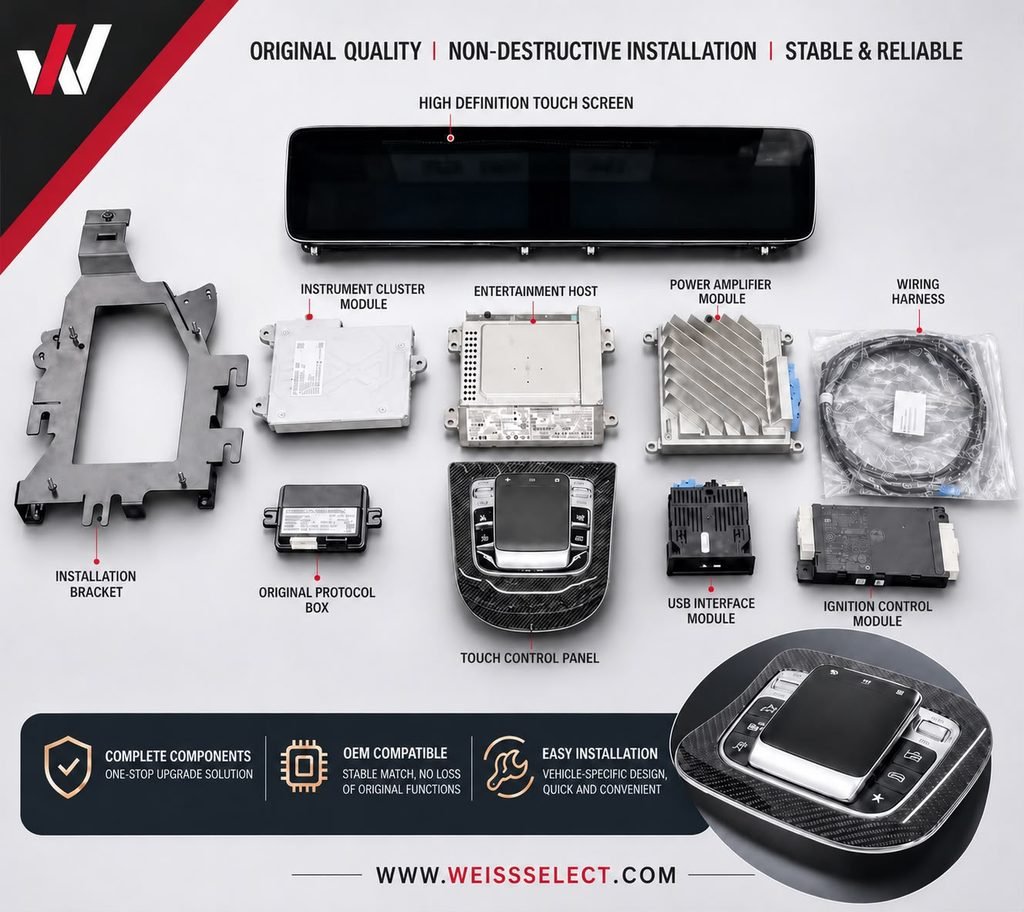 Complete touchscreen and instrument cluster upgrade kit for Mercedes G-Class 2019 to 2025, supplied by Weiss Auto Concept Dubai