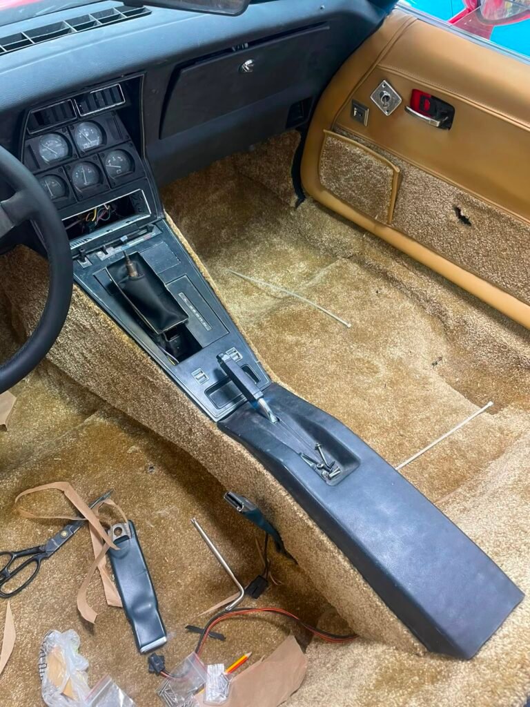 Corvette C3 console and carpet during interior restoration in Dubai