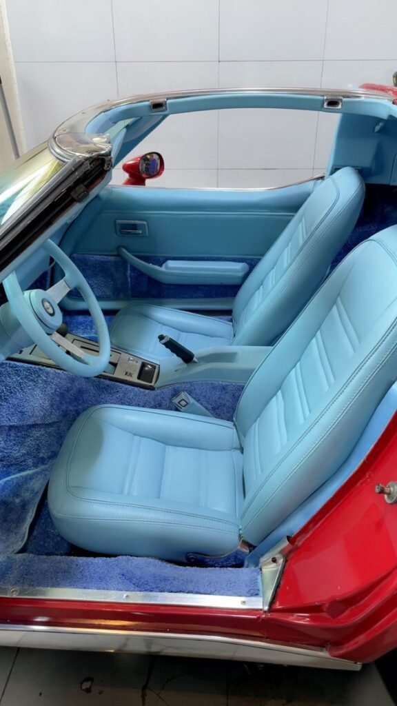 Restored tan leather seats in a classic Corvette C3 by Weiss Auto Concept Dubai