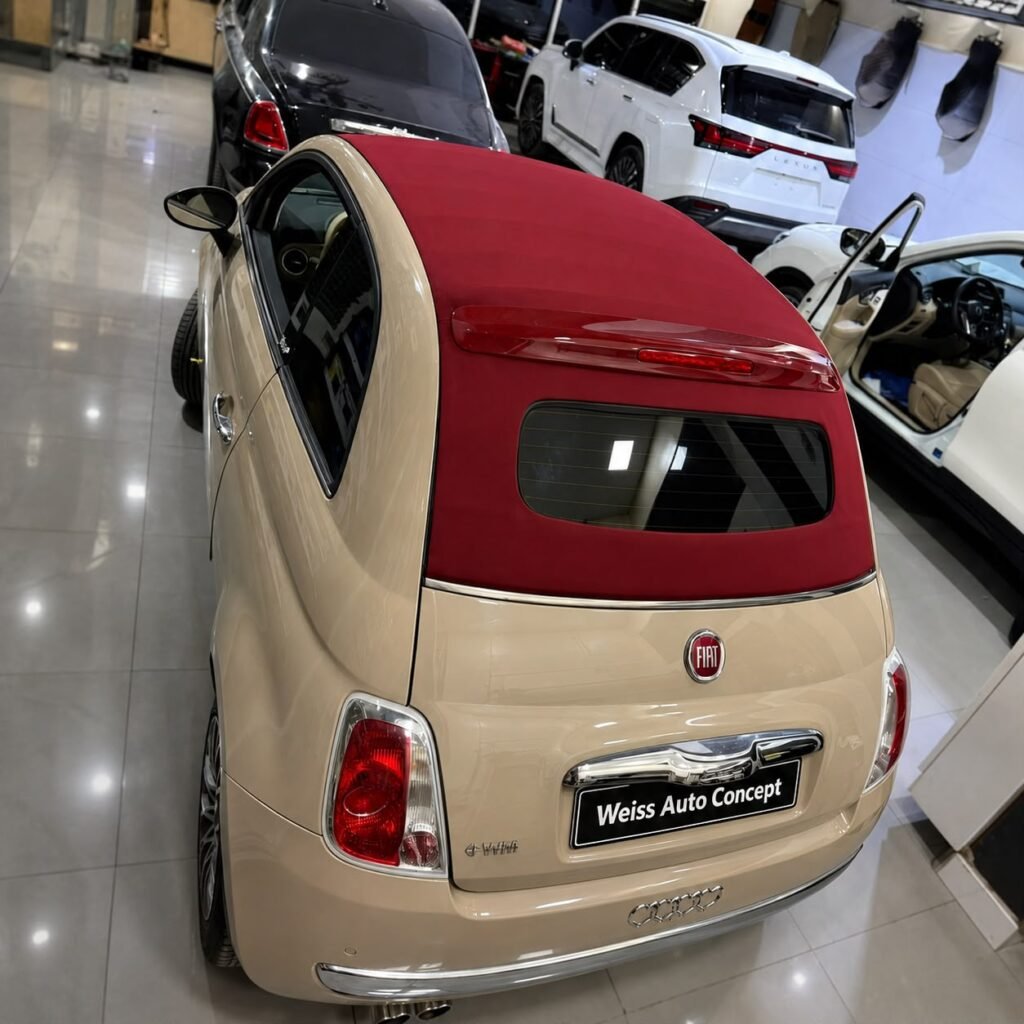 Fiat 500C with new red soft top replacement in Dubai by Weiss Auto Concept