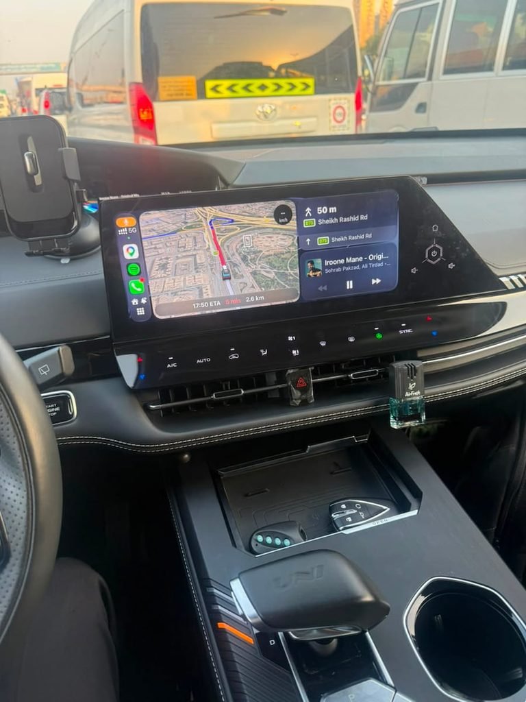 Changan UNI-K CarPlay wireless navigation and Spotify on factory screen in Dubai