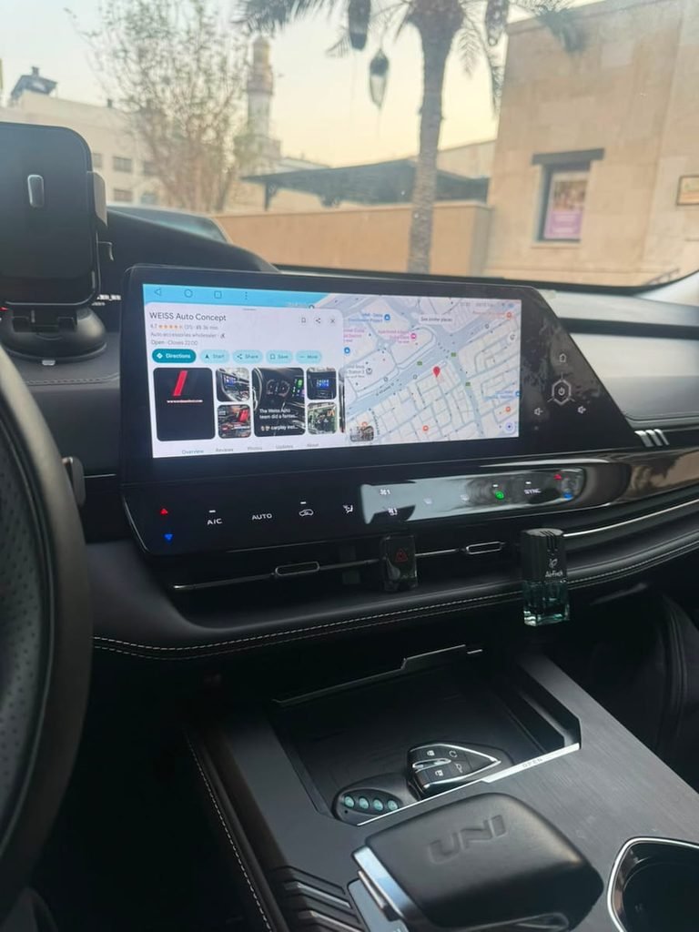 Google Maps running directly on Changan UNI-K Android screen showing Weiss Auto Concept Dubai