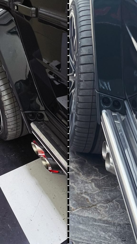 Factory exhaust tips compared with Brabus-style LED carbon tips on a Mercedes-AMG G63 in Dubai