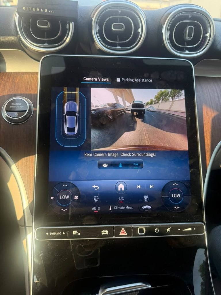 Mercedes CLE factory rear camera and PARKTRONIC display on MBUX