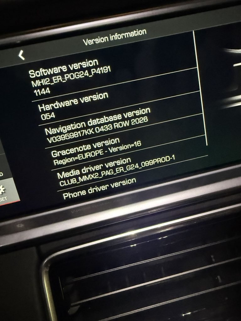 Porsche Panamera PCM 4.0 version information showing ROW 2026 navigation database after GCC conversion in Dubai