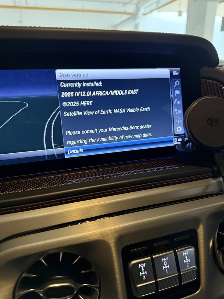 Mercedes G63 NTG5.5 map version screen showing 2025 V12.0 Africa Middle East installed