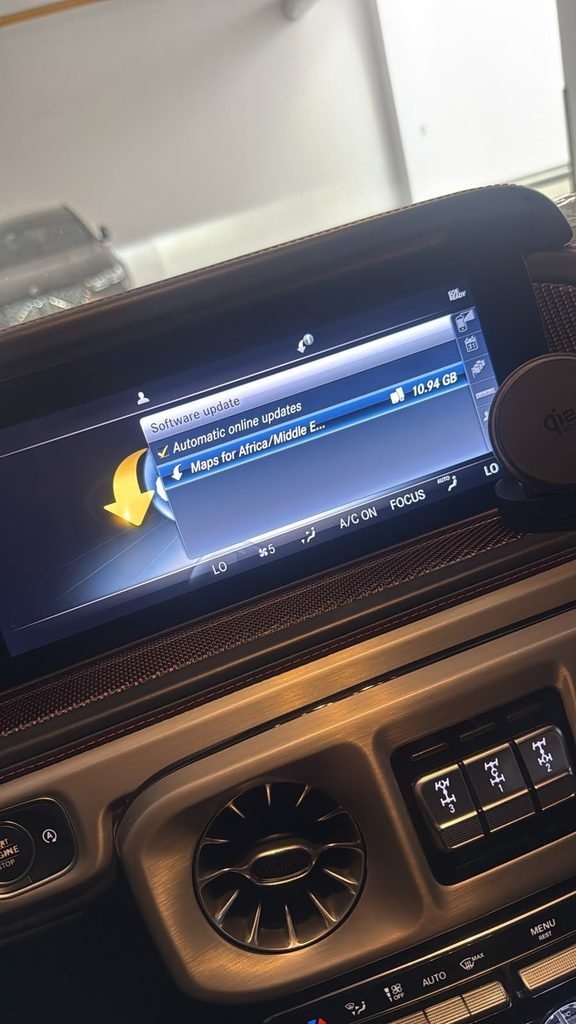 Mercedes G-Class software update menu showing Africa Middle East map 10.94 GB